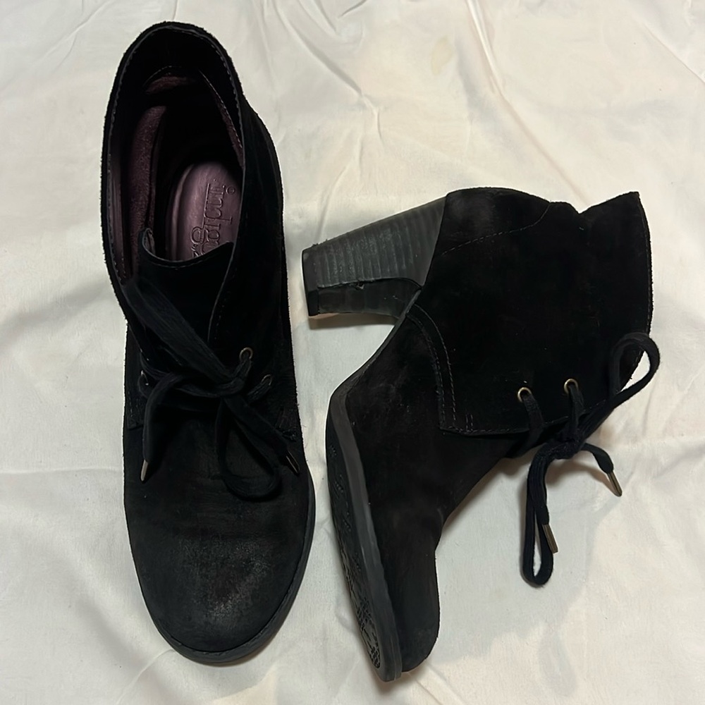 Indigo by Clark black with laces suede boots. Size 7m. 3” heel.